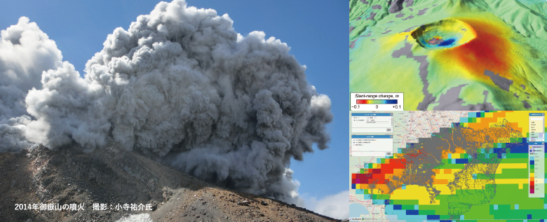 御嶽山噴火時の画像と、その時の噴火の詳細を可視化した観測データの画像