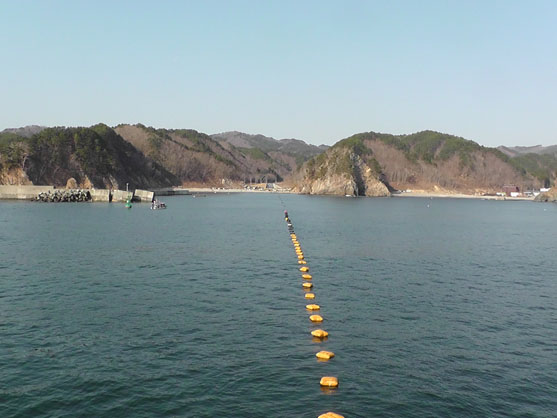 2014年4月20日　中の浜に向けて敷設船からケーブルを繰り出していきます。