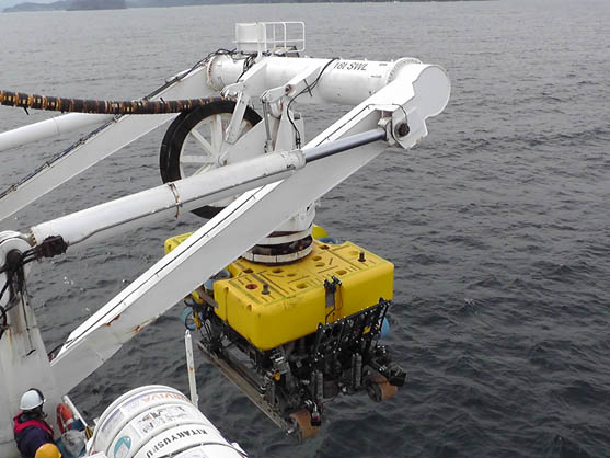 2014年11月25日　Lay-1とLay-2のケーブル接続作業が終わると、次は水中ロボット「ROV」の出番になります。