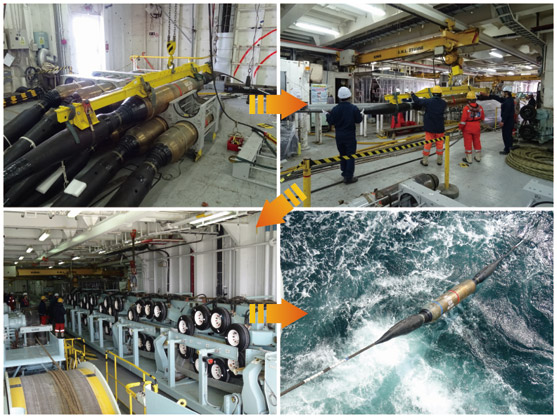2015年4月27日　観測装置「S3N26」（S3の中で亘理陸上局に最も近い観測装置）を海に投入する様子です。船内をクレーンで移動し、トラフに乗せられた観測装置は、LCE（リニアケーブルエンジン）で繰り出されていきます。