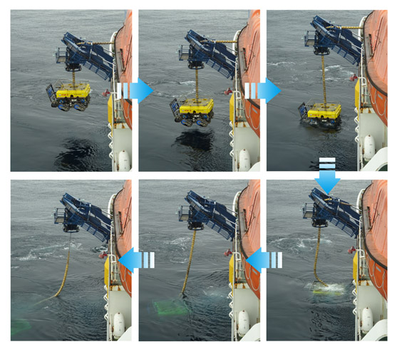 2015年09月01日　今回の「すばる」での航海はROVの後埋設作業のみでしたので、必然的にROVの写真が多くなります。いざ海底へ向かわんとするROVの雄姿を連続写真でご覧下さい。
