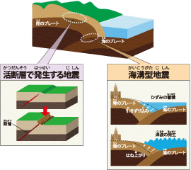 活断層で発生する地震と、海溝型地震に関する図。