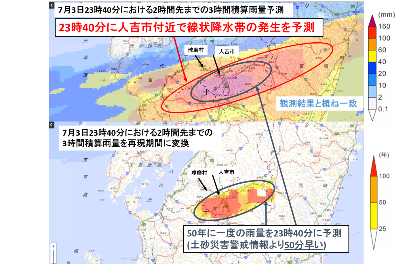 図３　7月3日23時40分に予測した3時間積算雨量の分布（上図）と3時間積算雨量を降雨の稀さを示す再現期間に変換した分布（下図）。
