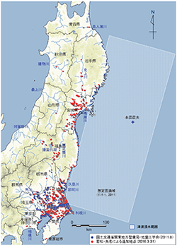 東北地方太平洋沖地震により液状化が確認された地点の分布 （マンホール・管渠の浮き上がり・堤体の液状化のみの地点は 含まず．2016.3.31現在）と津波浸水範囲