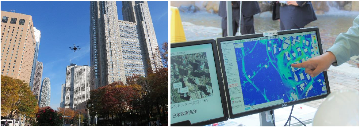 左： 実証実験の写真風景、右： 超高解像度 「都市乱流予測」の画面（2019 年11月25日予備実証実験にて撮影）