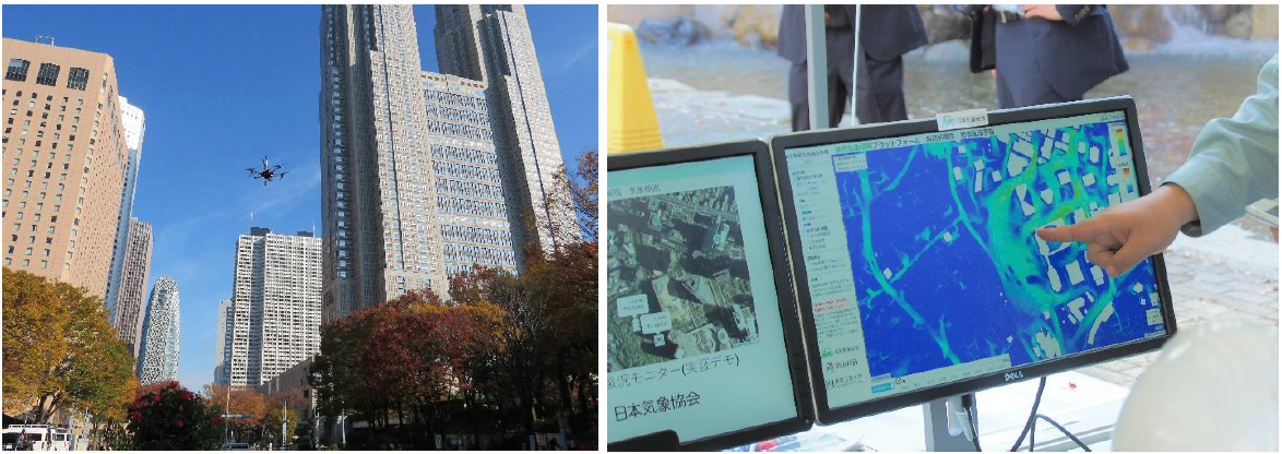 左: 実証実験の写真風景、右: 超高解像度 「都市乱流予測」の画面(2019 年11月25日予備実証実験にて撮影)