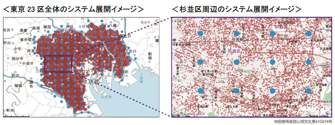 左；東京23区全体のシステム展開イメージ。右：杉並区周辺のシステム展開イメージ