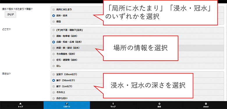 「局所に水たまり」「浸水・冠水」のいずれかを選択、場所の情報を選択、浸水・冠水の深さを選択