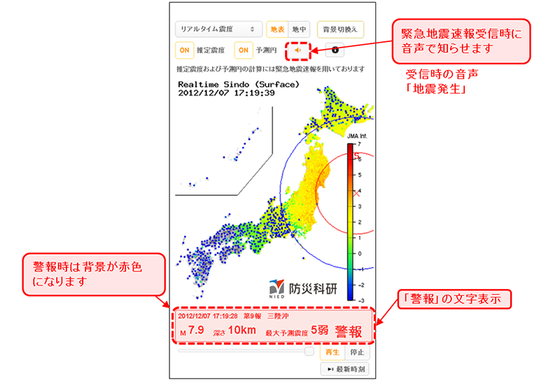 緊急地震速報受信時の画面