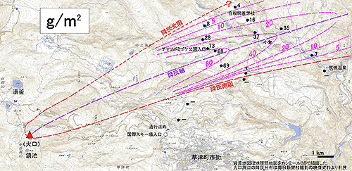 図１. 2018年1月23日噴火の降灰量分布(暫定版)