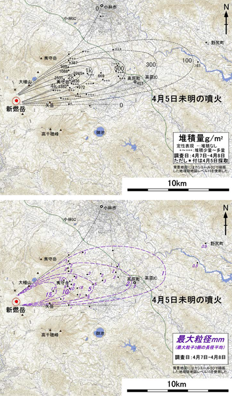 図2. 降灰量分布(上)および最大粒径分布(下)。