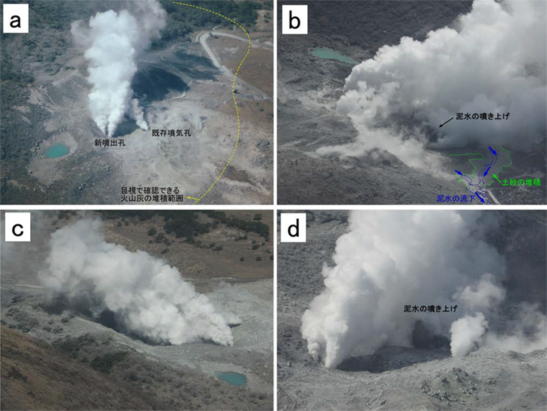 図1. 硫黄山の空撮写真。 (a)北方より撮影。 (b) 西方より撮影。噴出孔群の南端部で黒色の泥水の噴き上げが確認できる。噴出した泥水は沢筋を流下している。 (c) 北東方より撮影。 (d) 北方より撮影。(b)と同様に南端部の噴出孔での泥水の噴き上げが確認できる。