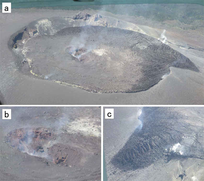 図2.新燃岳の空撮写真。 (a)山頂火口全景。北東方より撮影。 (b) 火口蓄積溶岩中央部の小火口。深さは50m以上あると見積もられる。火口壁は高温酸化によると考えられる赤色を呈する。(c) 火口外へ流出した溶岩。

