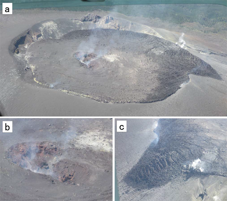 図2.新燃岳の空撮写真。 (a)山頂火口全景。北東方より撮影。 (b) 火口蓄積溶岩中央部の小火口。深さは50m以上あると見積もられる。火口壁は高温酸化によると考えられる赤色を呈する。(c) 火口外へ流出した溶岩。
