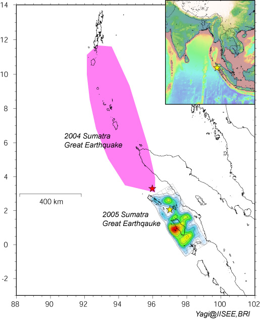 Source areas of the 2004 and 2005 Sumatra earthquakes