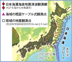 既設の地震観測点と今回整備する日本海溝海底地震津波観測網の設置点