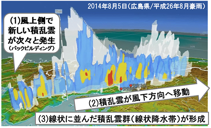 線状降水帯の三次元構造を図示しています