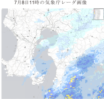 線状降水帯インデックスと実際の雨の分布図