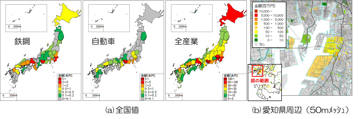 作成した産業別都道府県別民間企業資本ストック（鉄鋼、自動車、全産業）の例