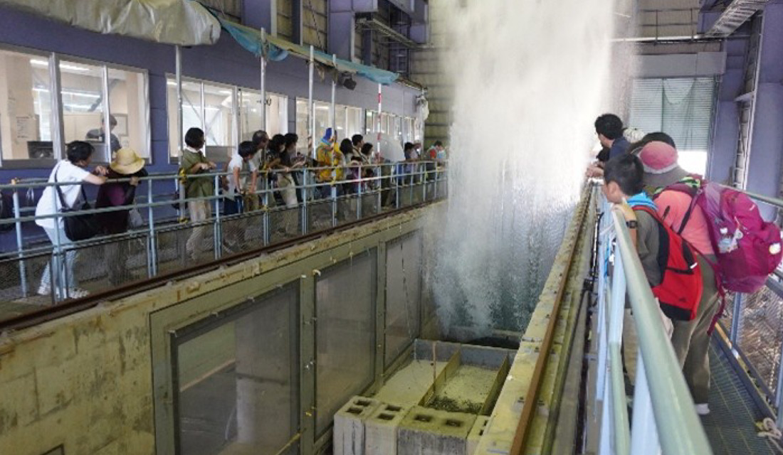 大型の水路を使って津波が建物に当たる状況を再現した実験の様子。：写真