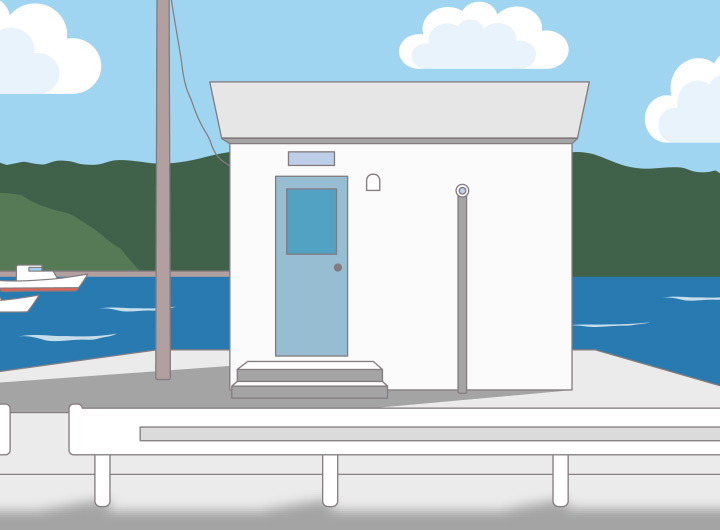 海のそばに建てられた検潮所の外観。海面の高さの変化を観測するための建物。：イラスト