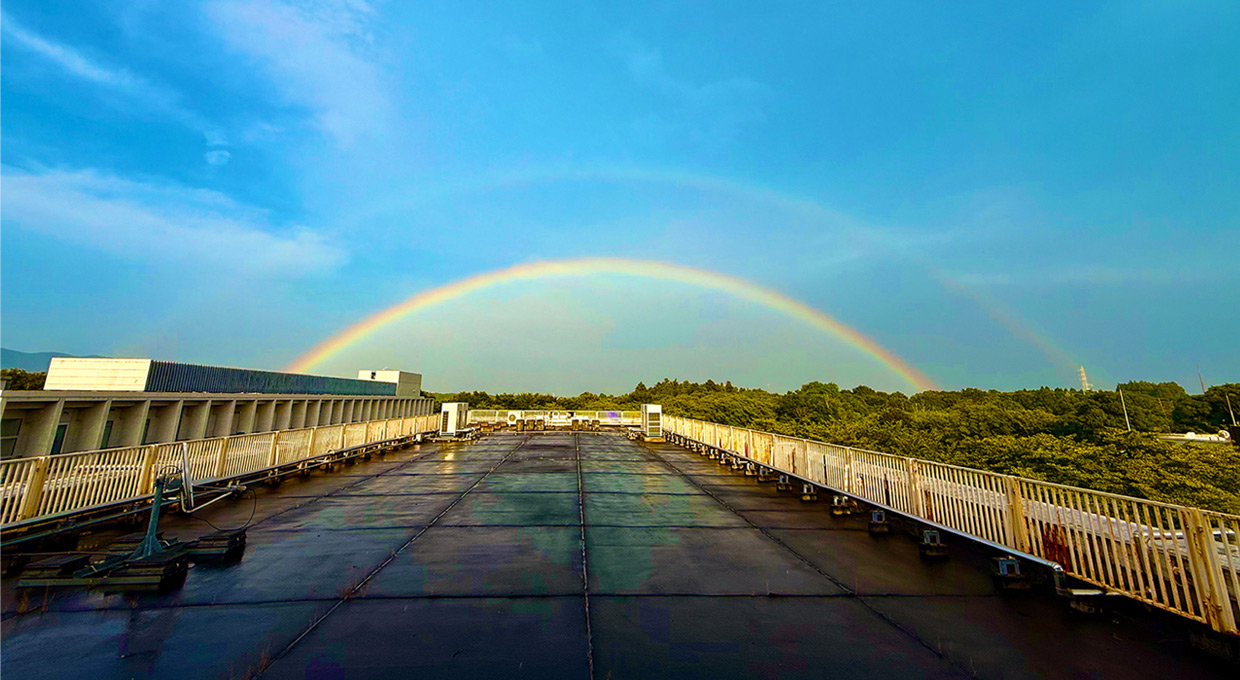 雨上がりの空に大きな虹が半円を描いてかかっている様子。青空と雲の間に、赤から紫までの色の帯がはっきりと見え、建物の屋上と森の上に虹が広がっている。：写真