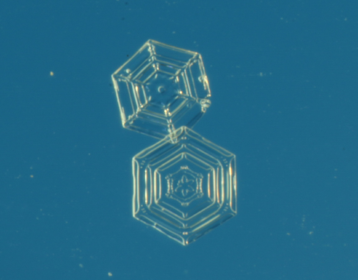 表面が平らでなく内部がくびれたり、外の角だけが発達した骨組みのような形の雪結晶の写真。：写真