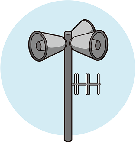 高い柱の上にスピーカーが2つついた放送設備のイラスト。災害のときに避難のお知らせなどを大きな音で伝える。：画像