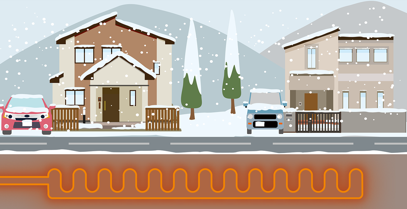 雪が降る住宅地の道路の断面図。道路の下に電熱線や温水を通すパイプが埋められ、道路を温めて雪を溶かす「ロードヒーティング」の仕組みを示している。：画像