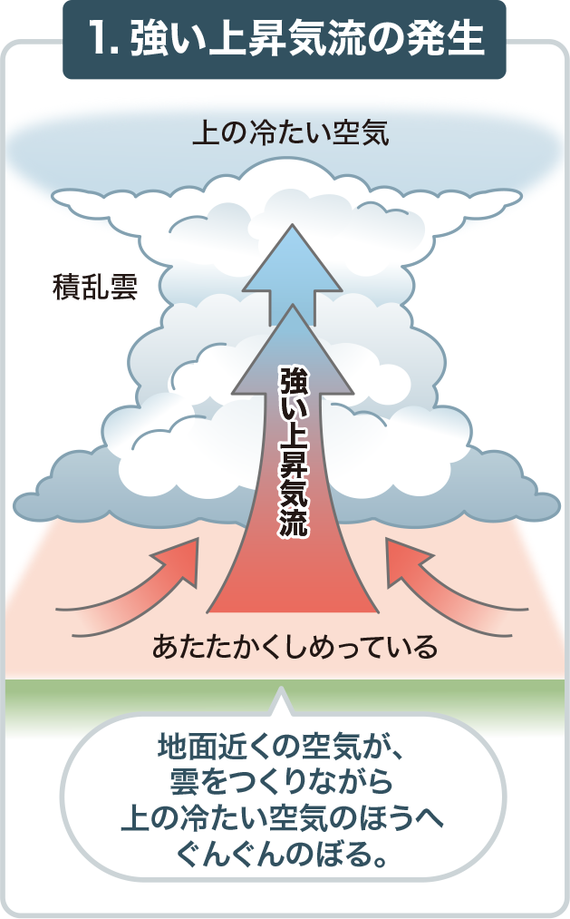 1.強い上昇気流の発生 竜巻の発生のしかたの解説図。地面近くのあたたかい空気が上にのぼり、雲の中で強い上昇気流になる様子を表しています。：画像