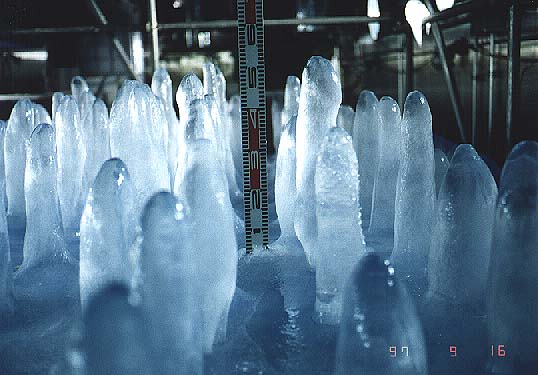 Experiment on growth of ice stalagmites in the large cold room.