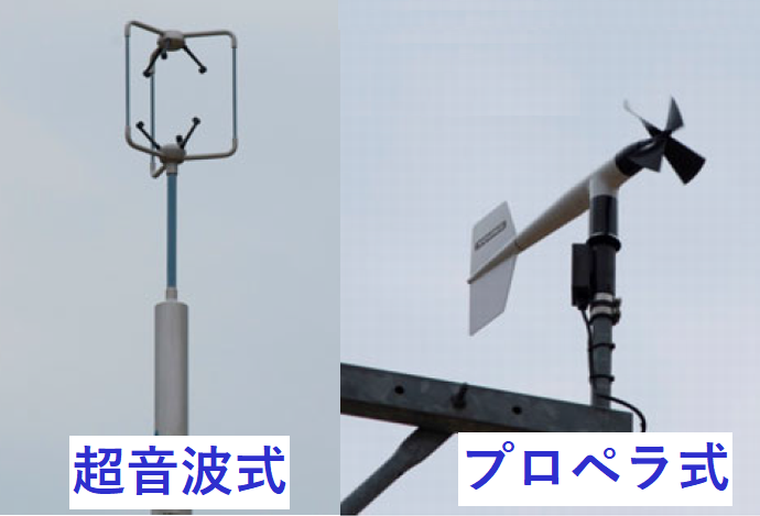 左：超音波式風向・風速計　右：プロペラ式風向・風速計
