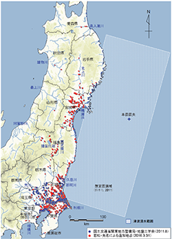 東北地方太平洋沖地震により液状化が確認された地点の分布 (マンホール・管渠の浮き上がり・堤体の液状化のみの地点は 含まず.2016.3.31現在)と津波浸水範囲