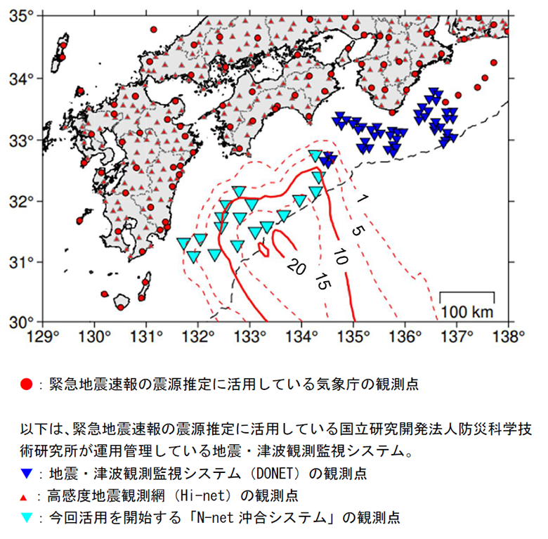 南は緯度30度から北は35度、西は経度129度から東は138度まで表示されている地図（南は九州地方から東は静岡県浜松市あたりの地図）に観測点が表示されている。
赤丸：緊急地震速報の震源推定に活用している気象庁の観測点
以下は、緊急地震速報の震源推定に活用している国立研究開発法人防災科学技術研究所が運用管理している地震・津波観測監視システム。
青逆三角：地震・津波観測監視システム（DONET）の観測点
赤三角：高感度地震観測網（Hi-net）の観測点
水色逆三角：今回活用を開始する「N-net沖合システム」の観測