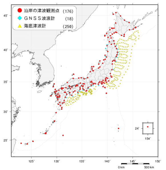 津波の観測値を発表する津波観測点の図
沿岸の津波観測点176、GNSS波浪計18，海底津波計250
