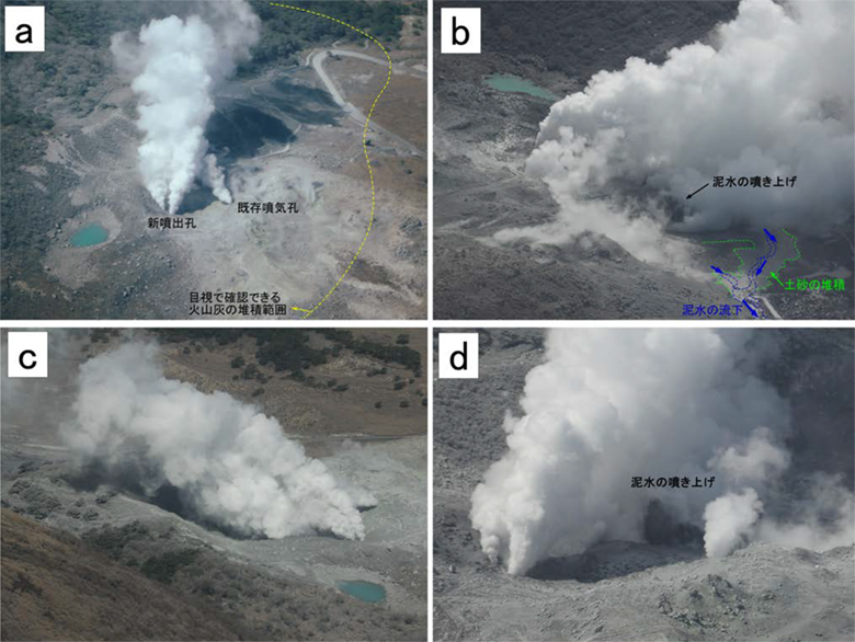図1. 硫黄山の空撮写真。 (a)北方より撮影。 (b) 西方より撮影。噴出孔群の南端部で黒色の泥水の噴き上げが確認できる。噴出した泥水は沢筋を流下している。 (c) 北東方より撮影。 (d) 北方より撮影。(b)と同様に南端部の噴出孔での泥水の噴き上げが確認できる。